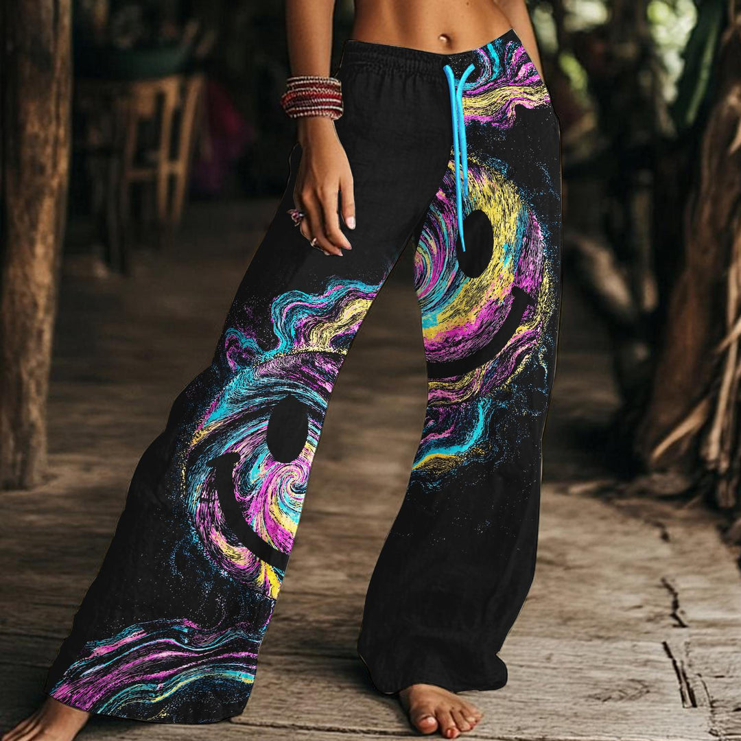 Hippie Irregular Art Women's Drawstring Wide-Leg Pants