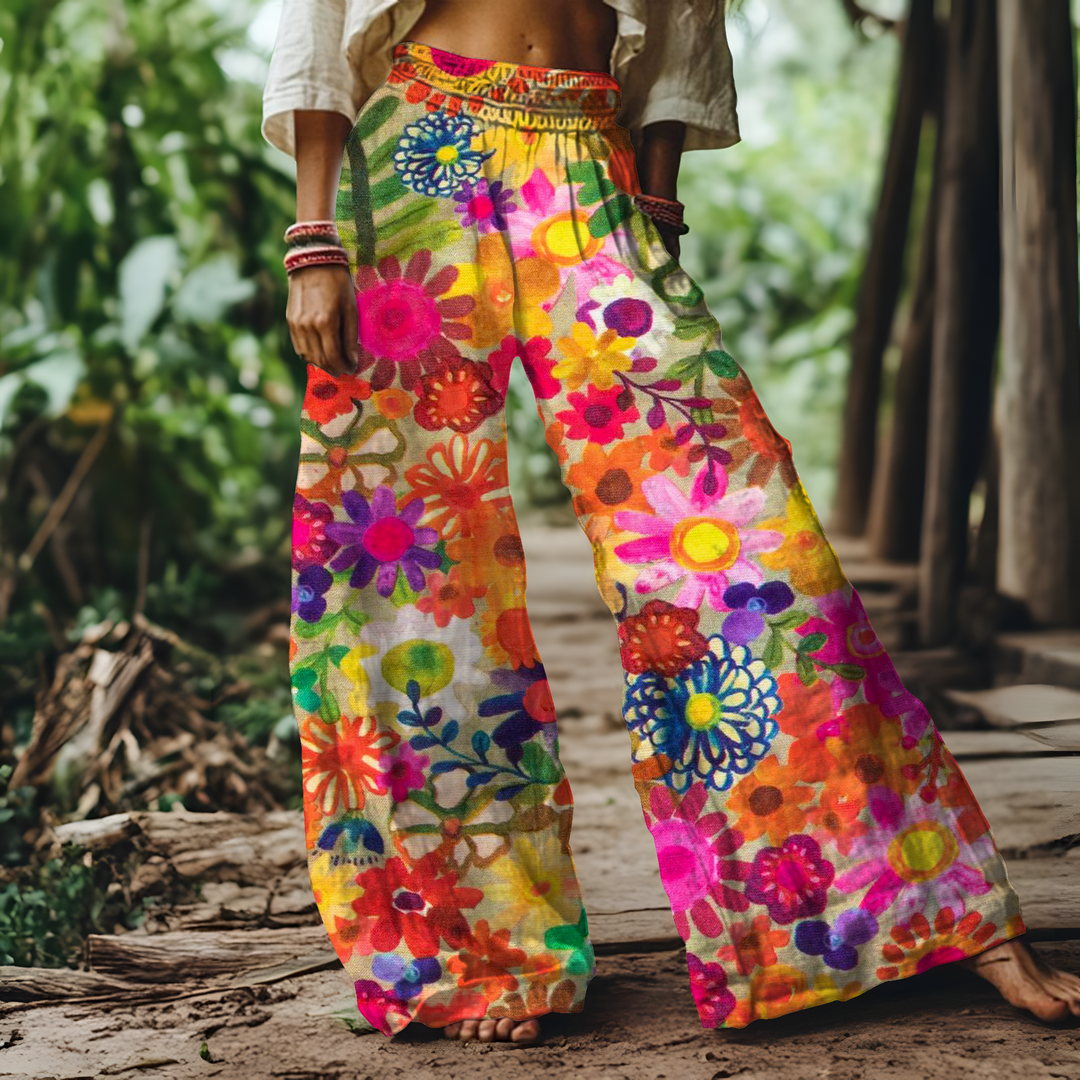 Classic Colorful Floral Hippie Art Women's Drawstring Wide-Leg Pants