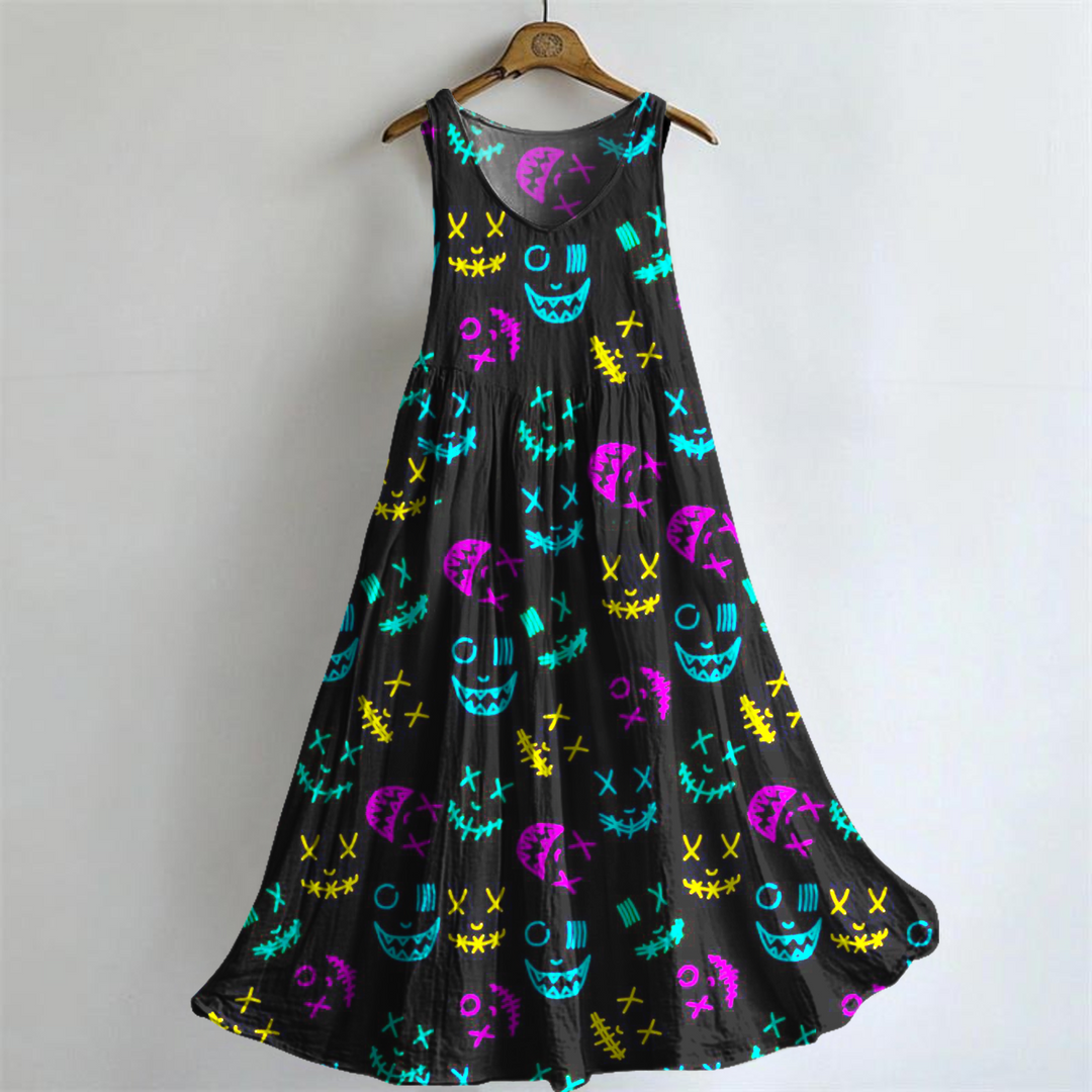 Colorful Hippie Smiley Faces V-neck Bamboo Linen Sleeveless Dress
