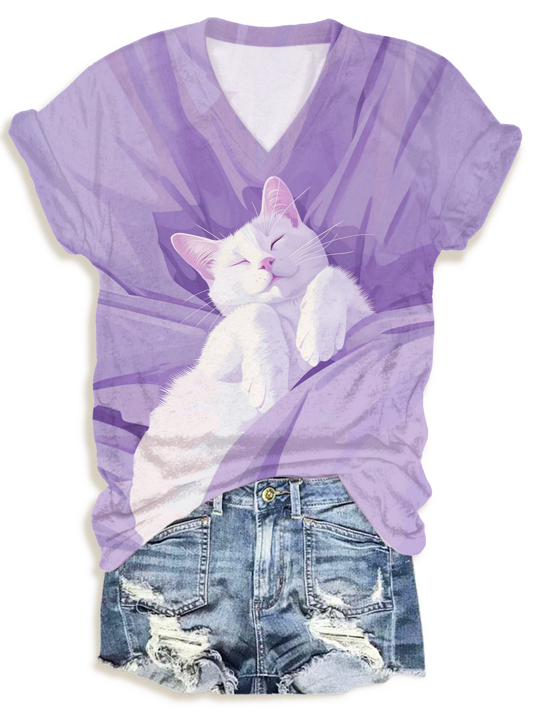 Sleeping Cat Art V-neck T-Shirt