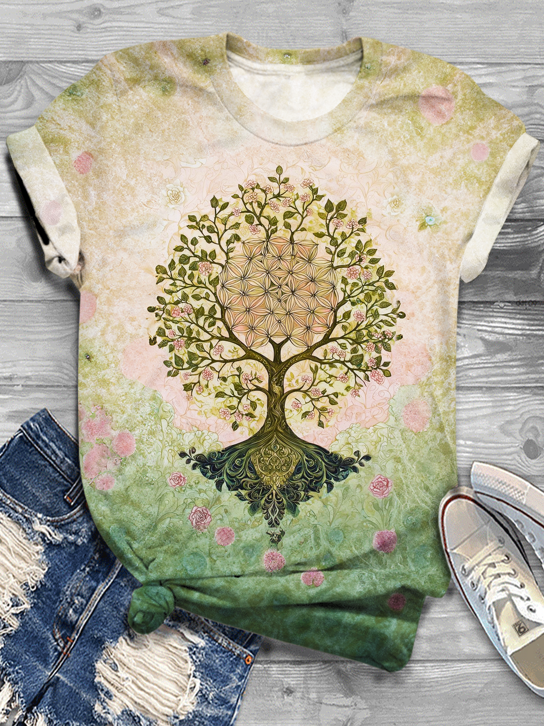 Pink Rose Tree Of Life Breast Cancer Awareness Month Crew Neck T-shirt