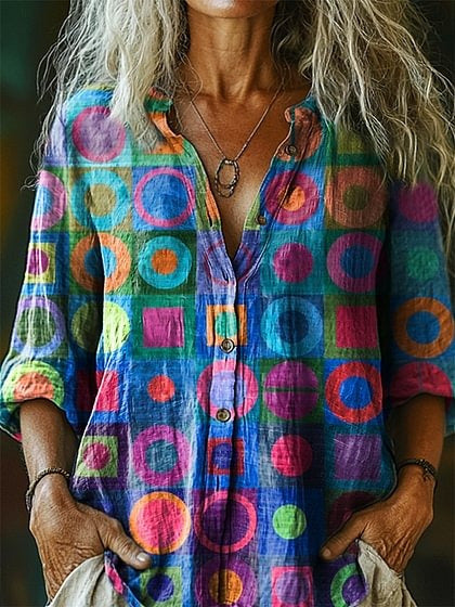 Retro Abstract Geometric Collage Art Women's Printed Casual Shirt