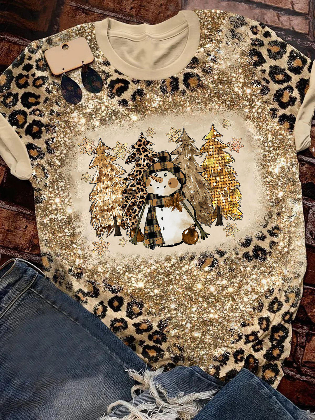 Leopard Snowman Christmas Trees Crew Neck T-shirt