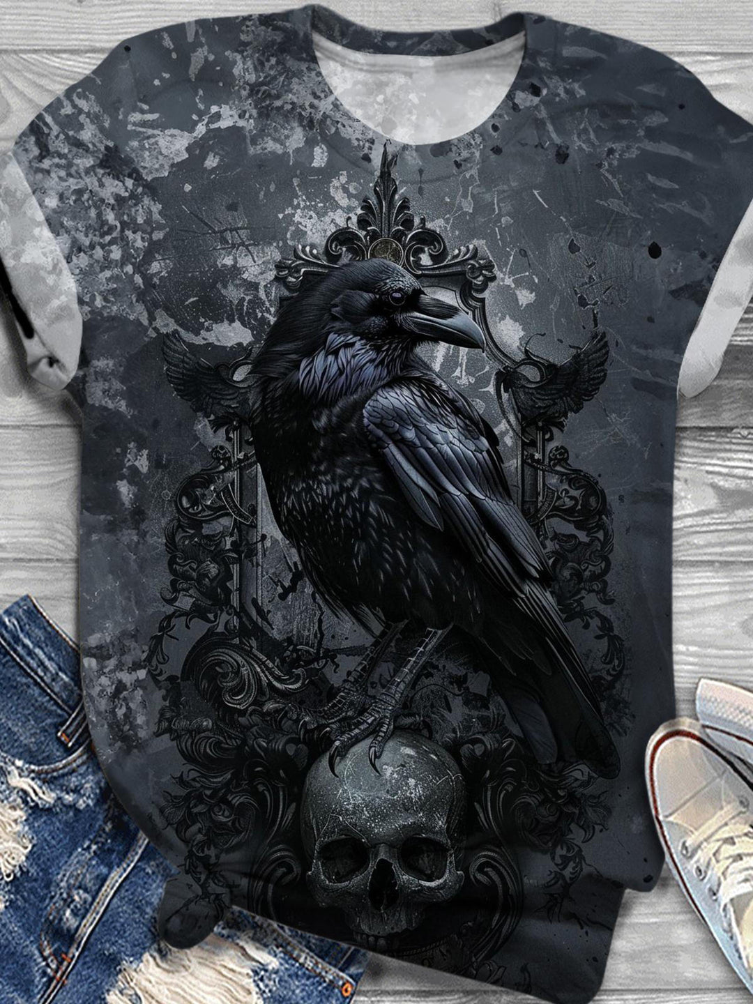 Dark Crow Print Crew Neck T-shirt
