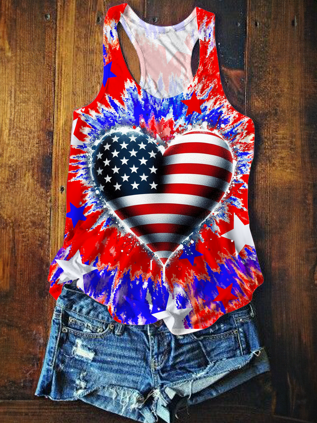 Tie-dye American Heart Printed Casual Tank Top