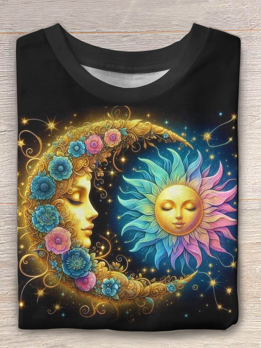 Hippie Sun Moon Art Crew Neck T-shirt