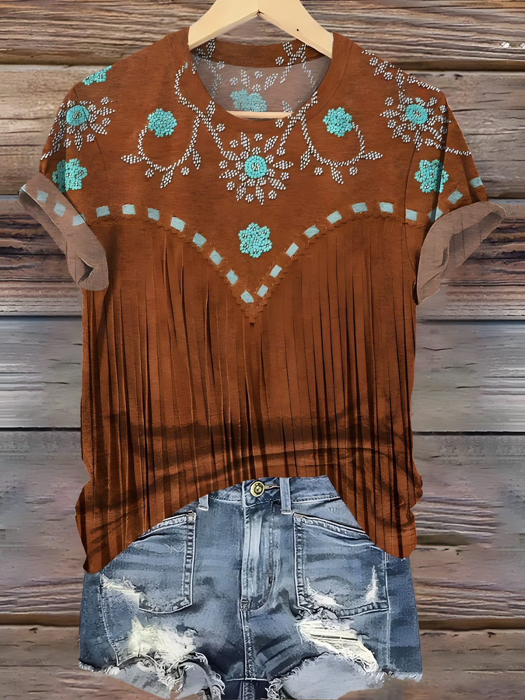 Vintage Western Denim Tassel Pattern Crew Neck T-shirt