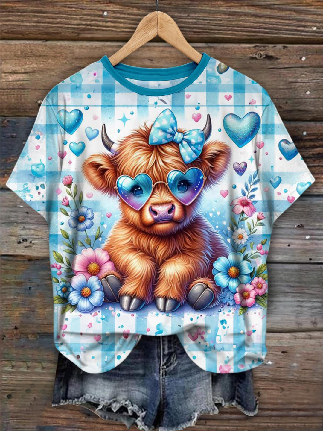 Blue Plaid Heart Highland Cow Crew Neck T-shirt