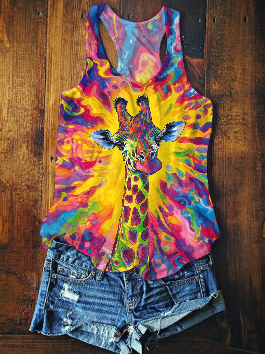Colorful Tie-Dye Giraffe Printed Casual Tank Top