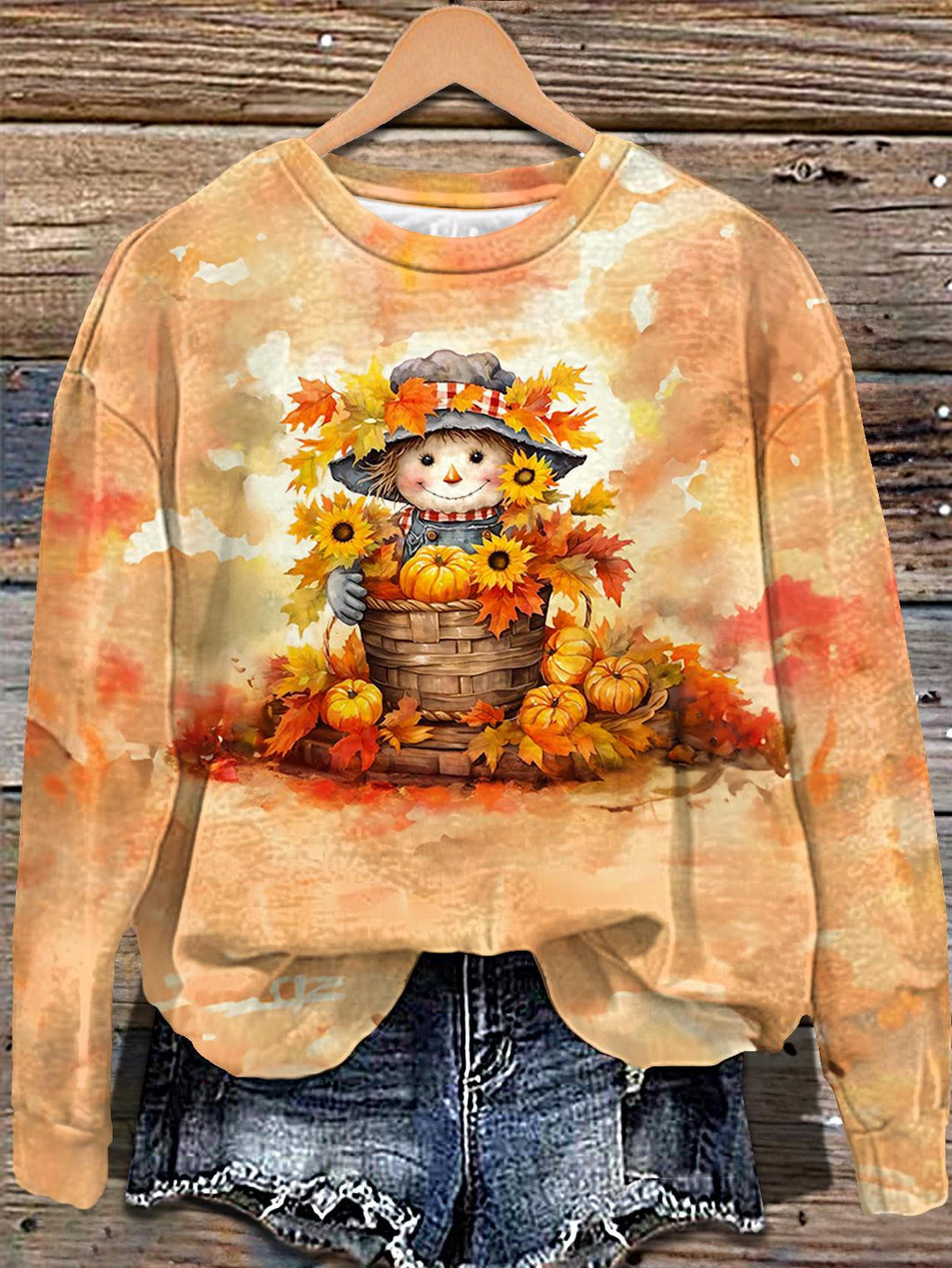Autumn Scarecrow Print Long Sleeve Casual Top