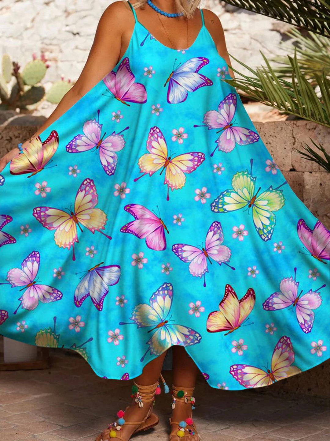 Colorful Butterflies Printed Casual Spaghetti Strap Dress