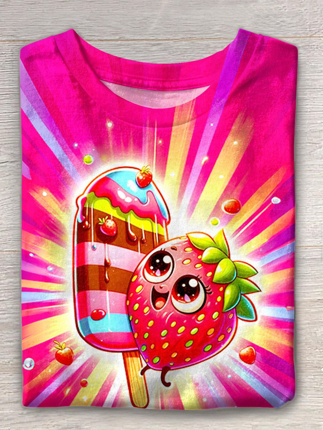 Cute Strawberry Printed Crew Neck T-shirt