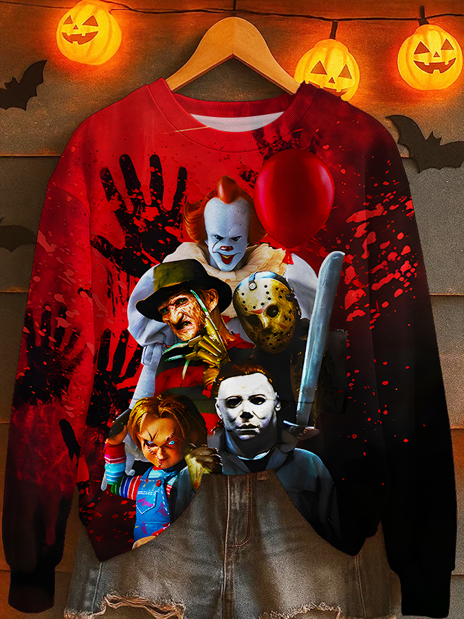 Halloween Horror Characters Printed Long Sleeve Casual Top