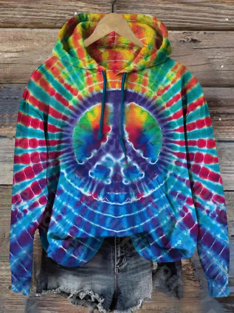 Tie-Dye Hippie Peace Sign Loose Fit Hooded Sweatshirt With Pockets
