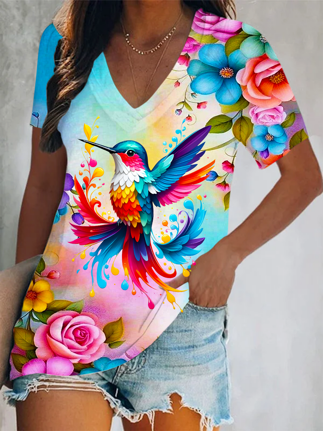Spring Bird And Flowe Short Sleeve V Neck Print Top