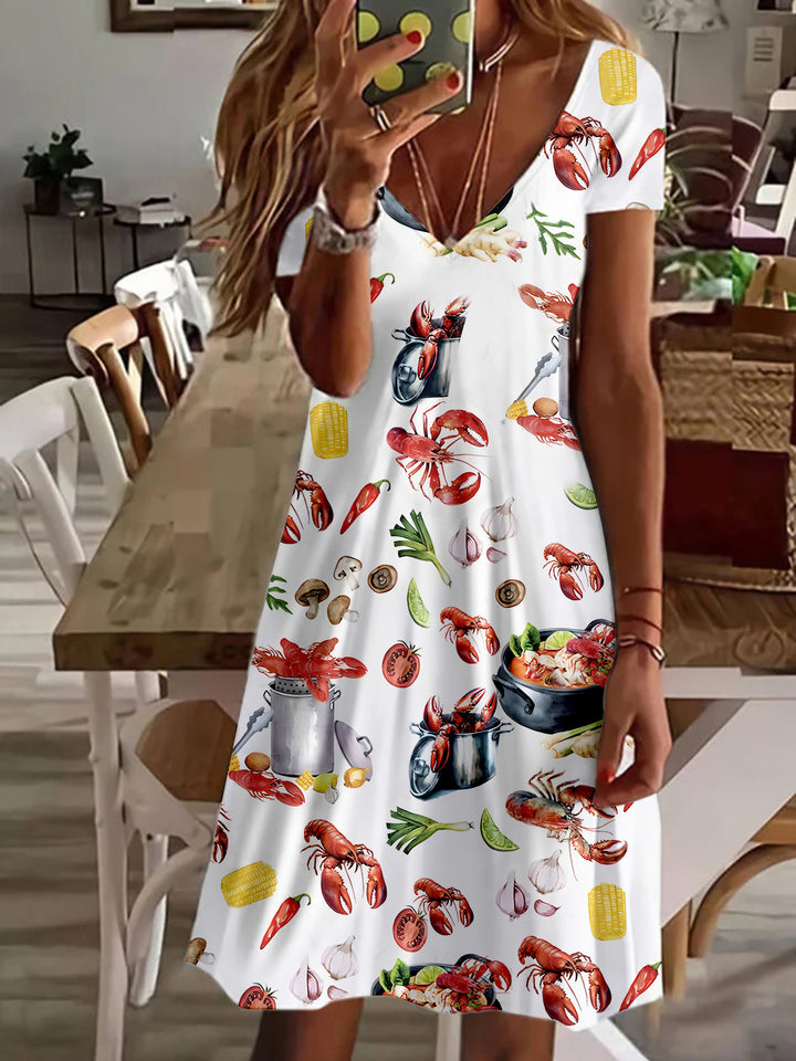 Fun Crawfish Boil Party Print V Neck Short Sleeve Dress