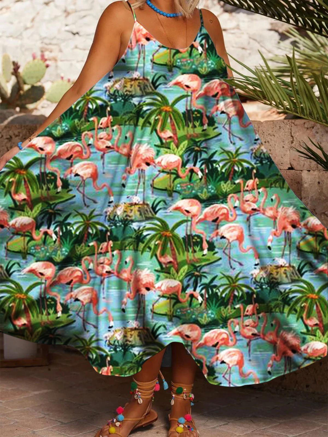 Hawaiian Flamingo Print Casual Spaghetti Strap Dress