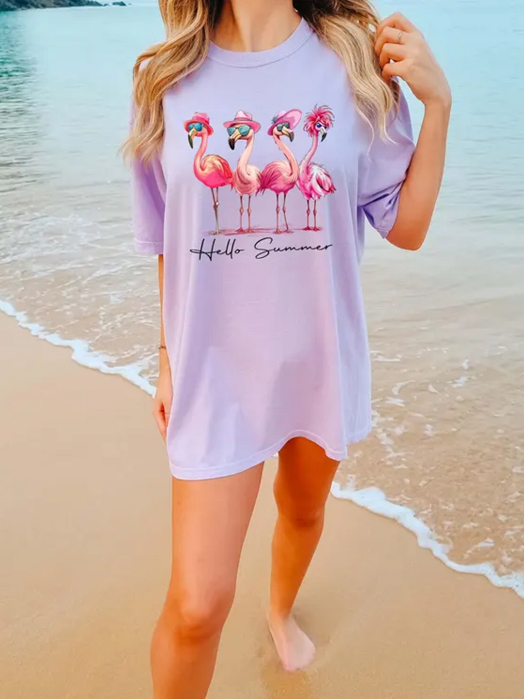 Hello Summer Cute Flamingo Crew Neck T-shirt