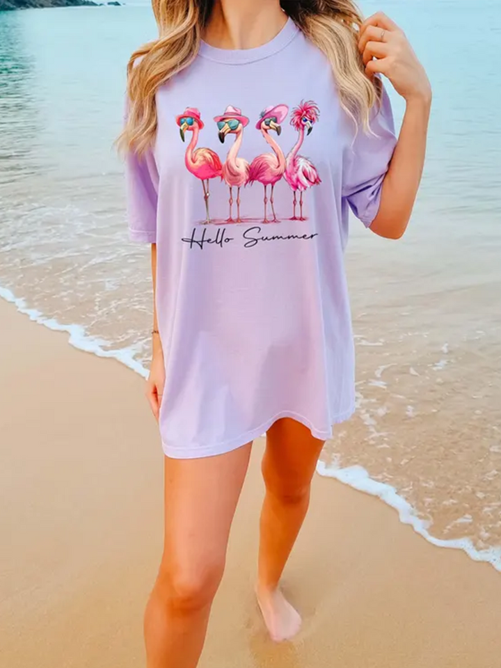 Hello Summer Cute Flamingo Crew Neck T-shirt