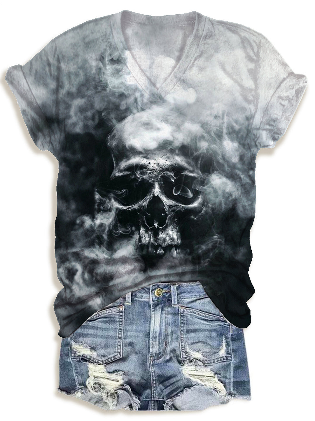 Halloween Smoke Skull Print V-neck T-Shirt