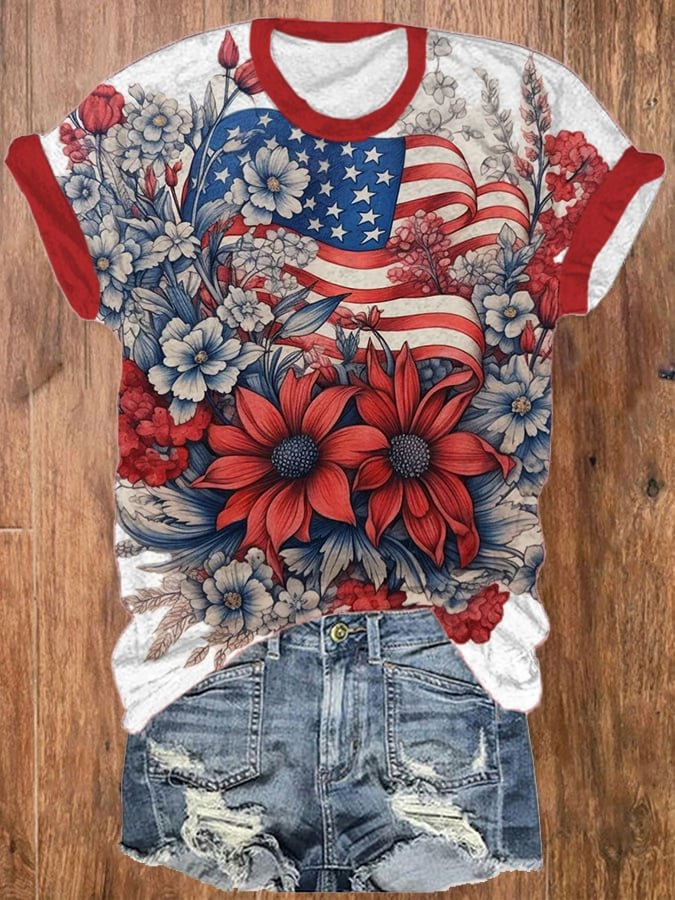 Retro Independence Day American Flag Floral Art Crew Neck T-shirt