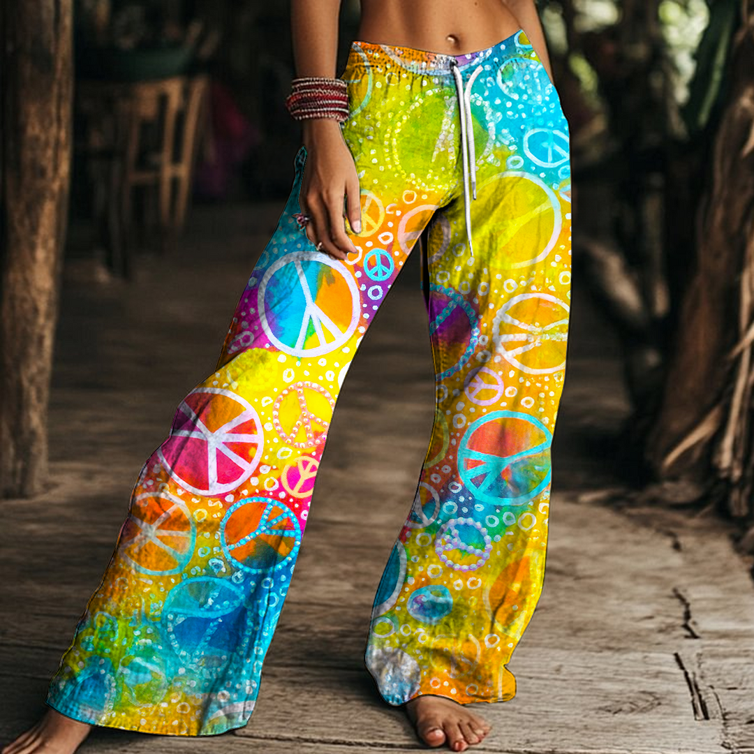 Colorful Hippie Peace Sign Art Women's Drawstring Wide-Leg Pants