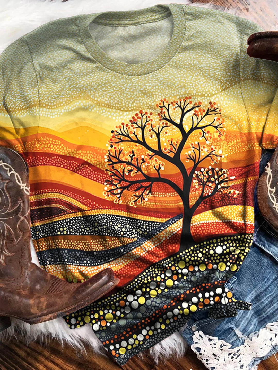 Autumn Polka Dot Printed Crew Neck T-shirt