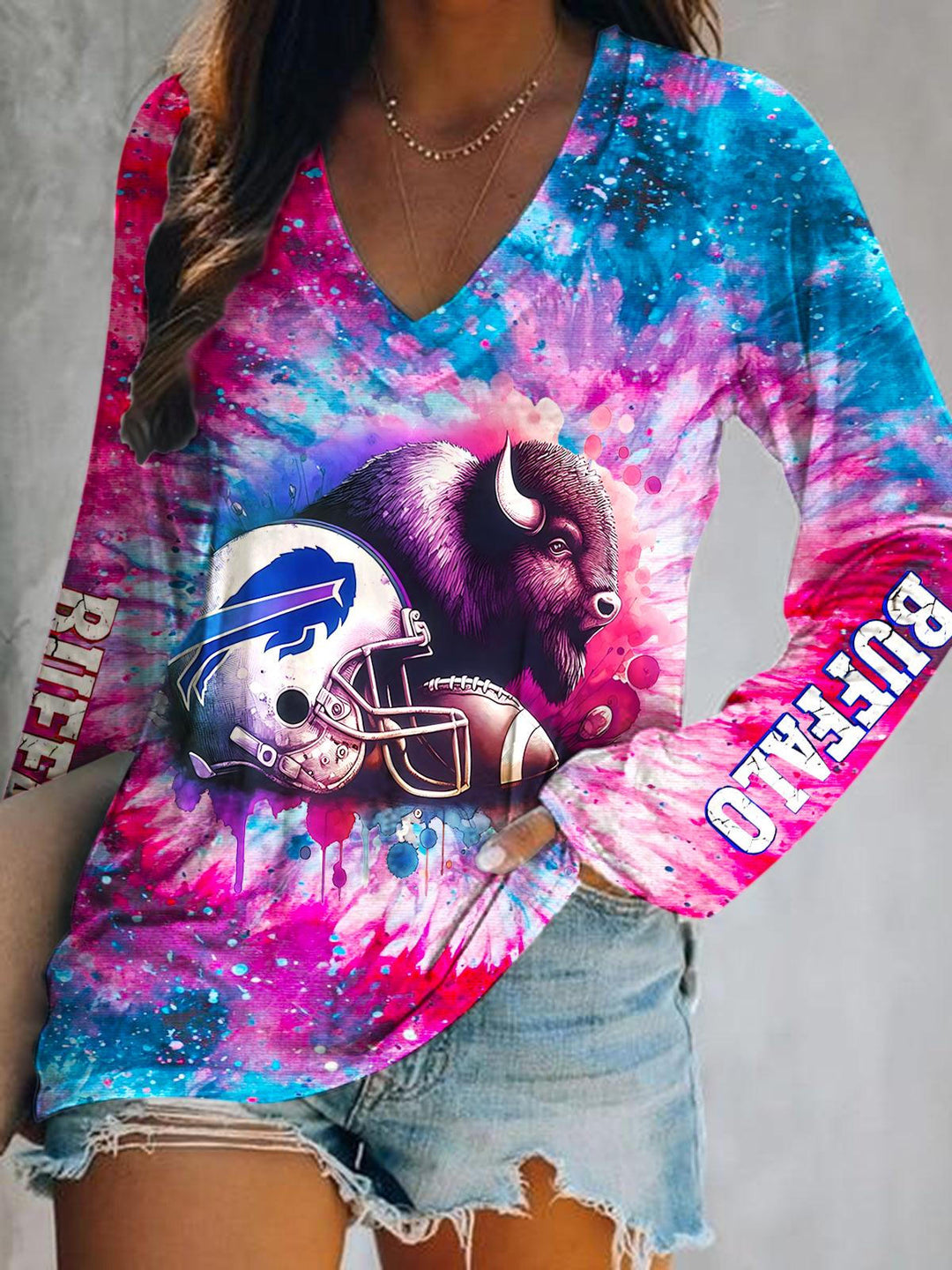 Buffalo Bills Print V-Neck Long Sleeve Top