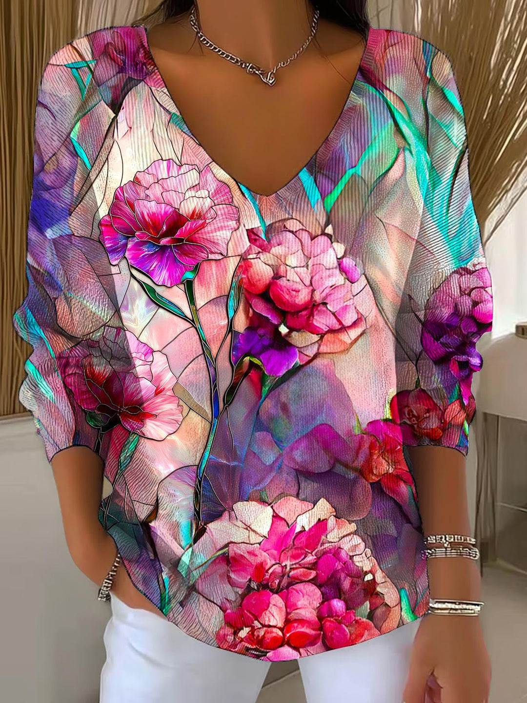 Autumn Floral Print Casual V Neck Pullover Sweater