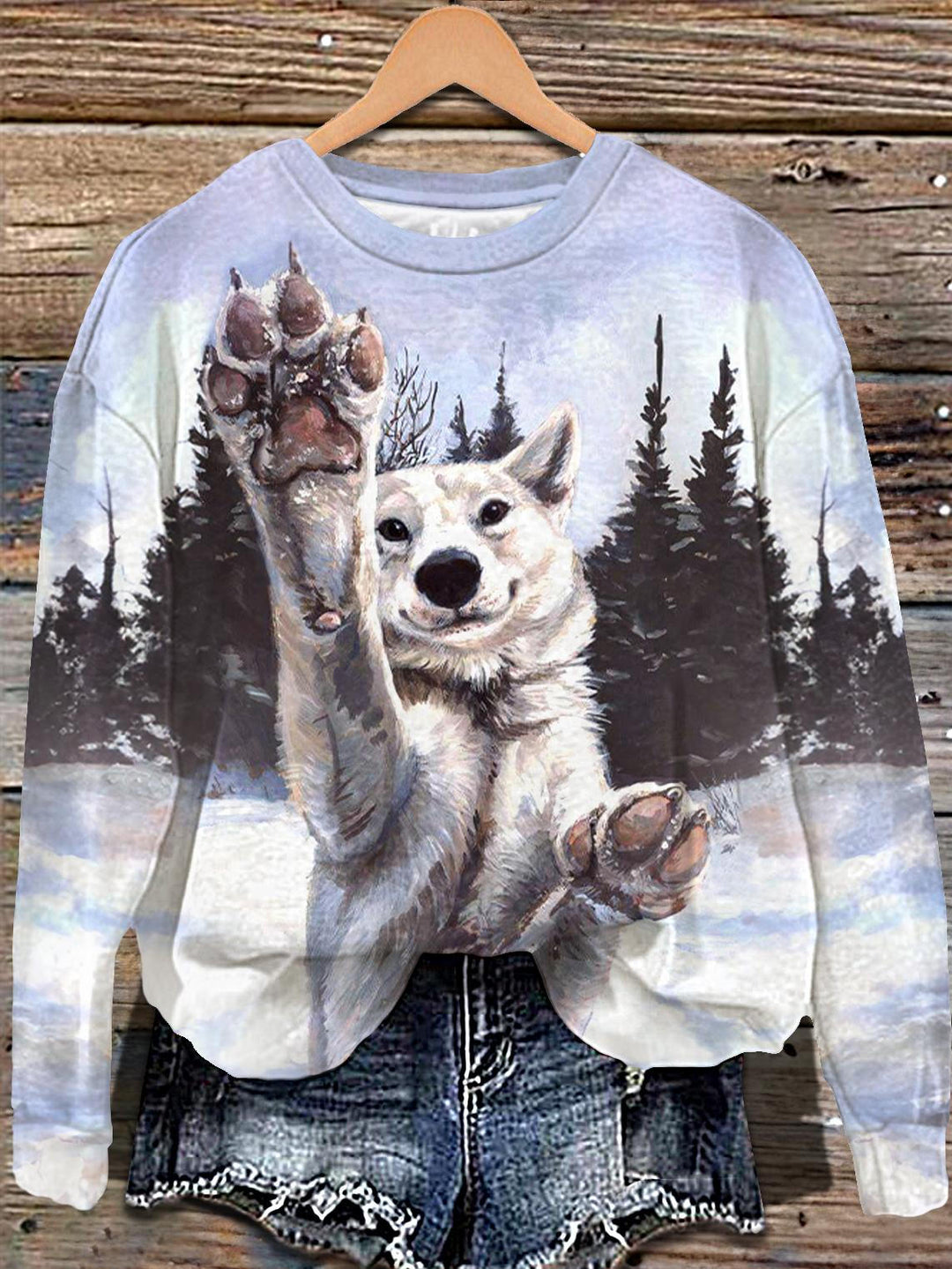 Winter Christmas Cute Snow Wolf Print Long Sleeve Casual Top