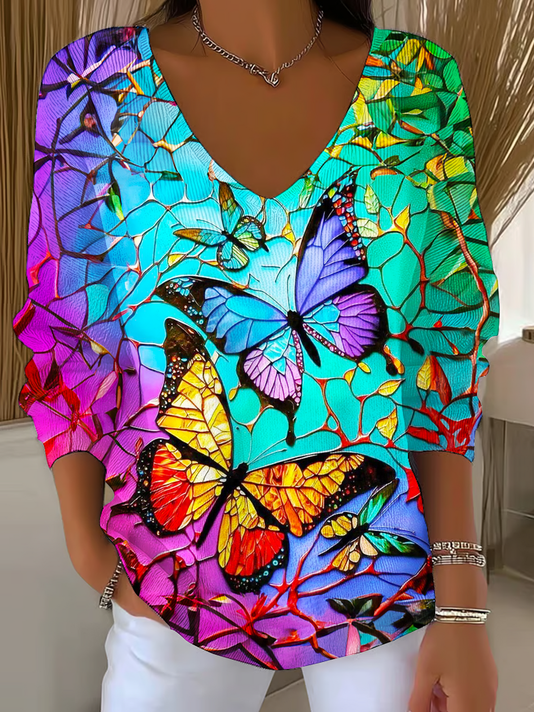 Stained Glass Butterfly Casual V Neck Pullover Sweater