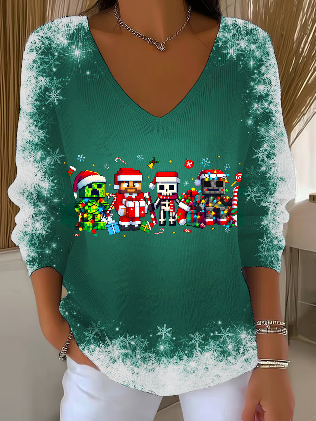 Just A Jolly Creeper Casual V Neck Pullover Sweater