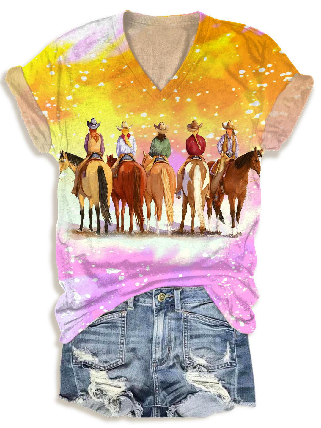 Retro Western Cowboy Print V-neck T-Shirt