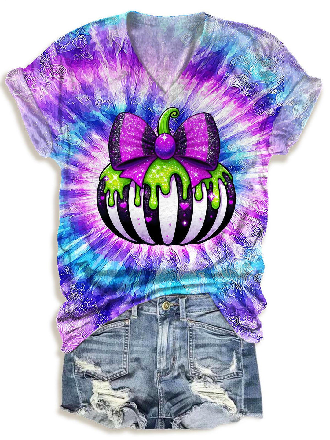Halloween Striped Pumpkin V-neck T-Shirt