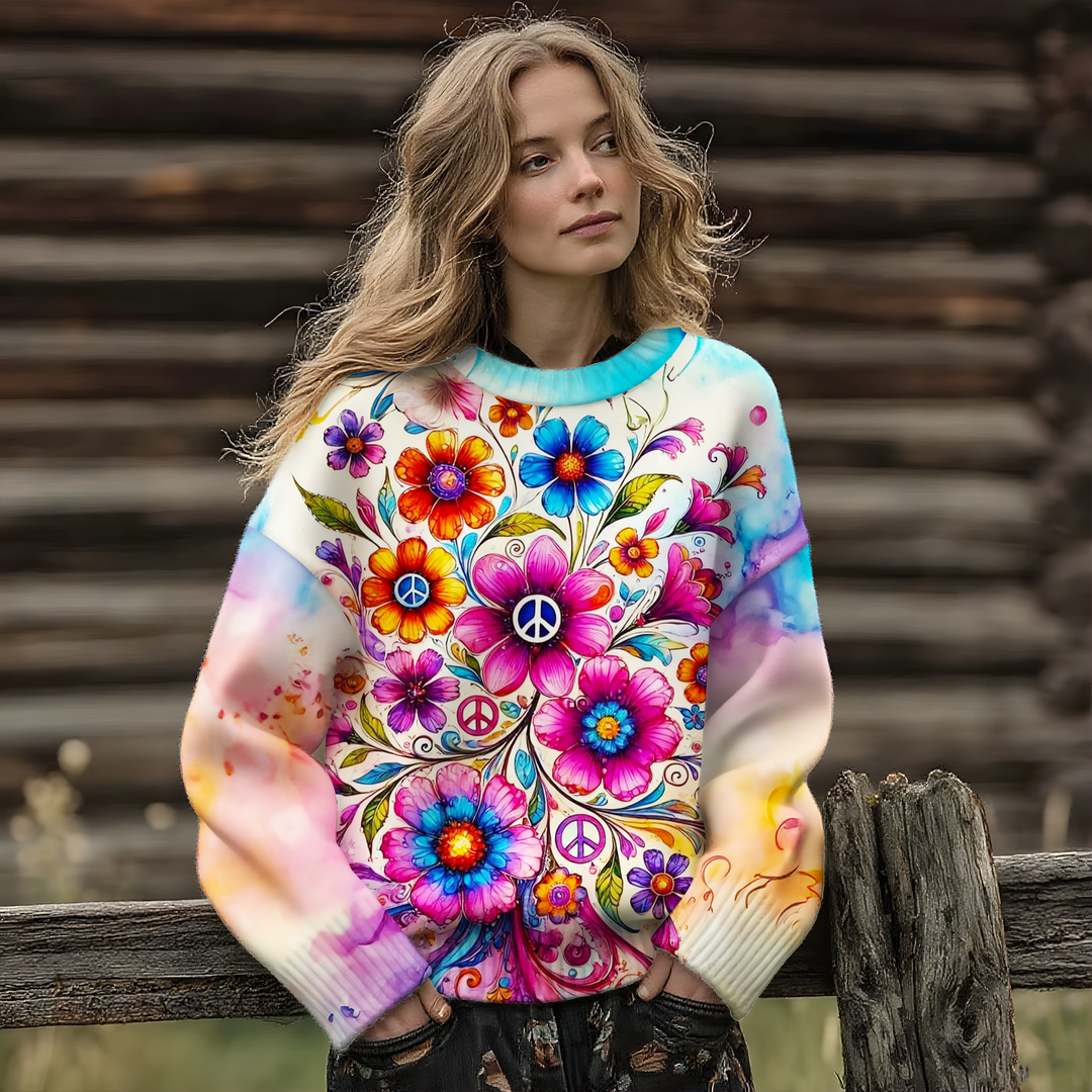 Hippie Peace Flower Art Print Casual Crew Neck Pullover Sweater