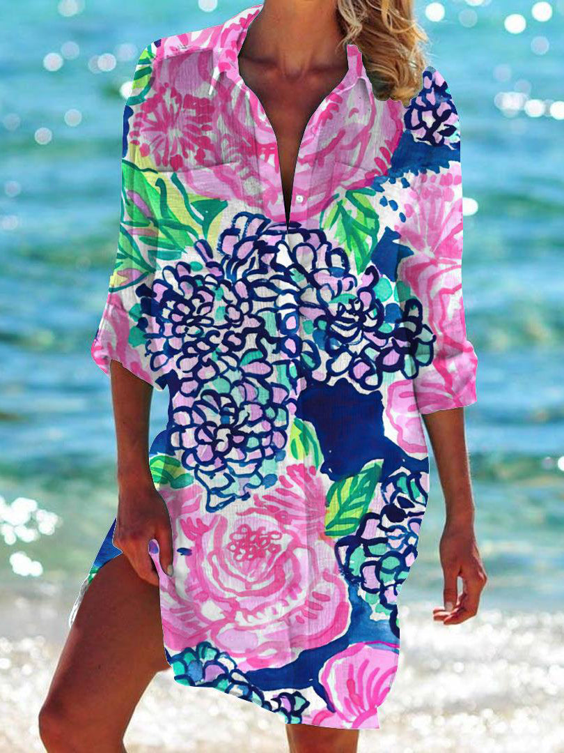 Colorful Floral Print Beach Shirt Dress