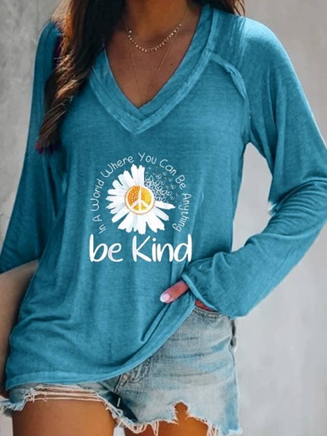 Be Kind V neck Long Sleeve Daisy Printed Shirt