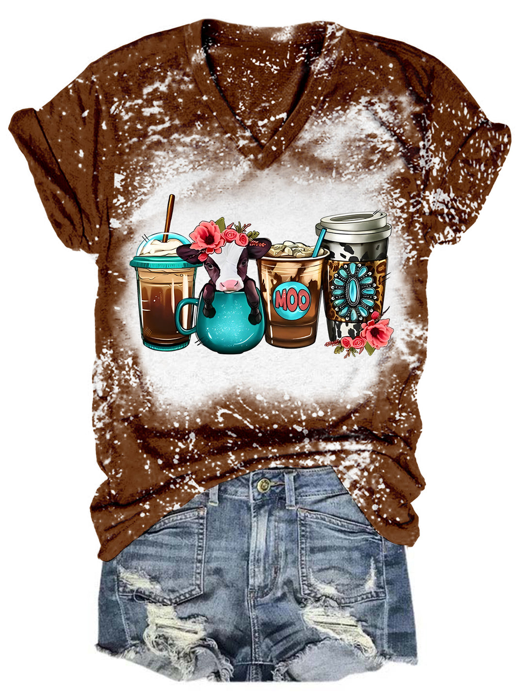 Floral Babe Cow Coffee Drink Tie Dye V Neck T-shirt