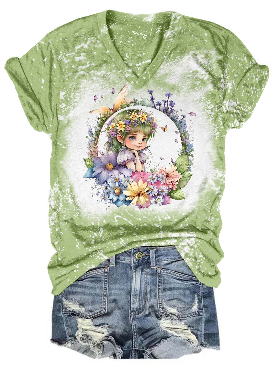 Floral Fairy Tie Dye V Neck T-shirt