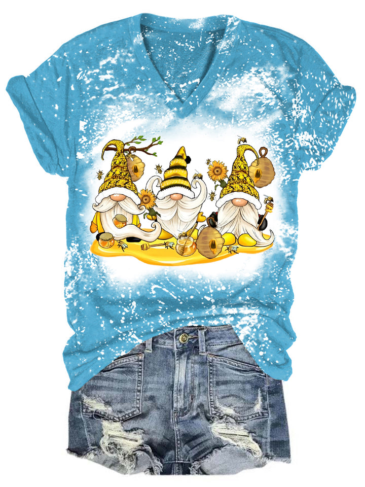 Sunflower Bee Gnome Bleaching V Neck T-shirt