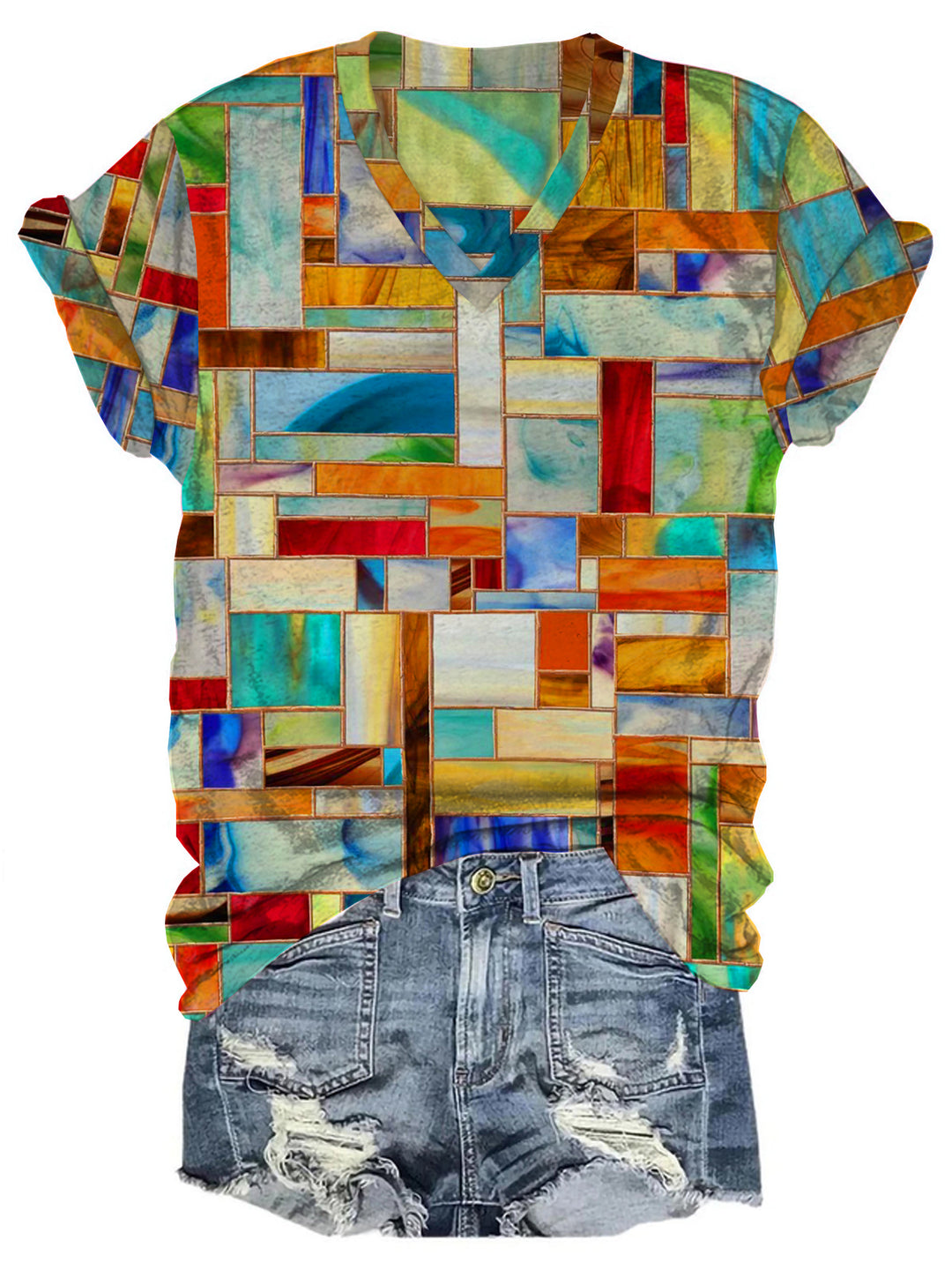 Geometry Print V Neck T-shirt