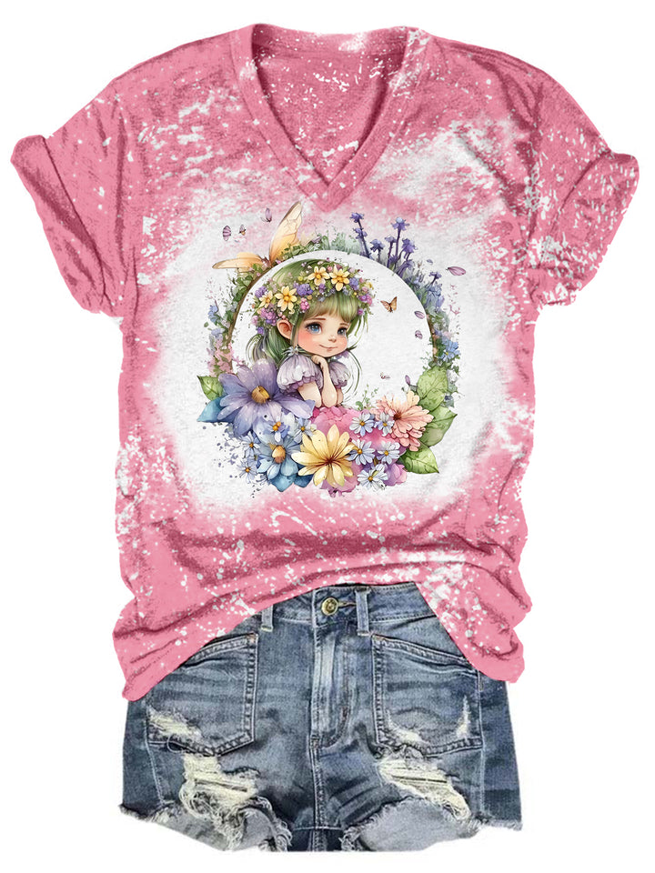 Floral Fairy Tie Dye V Neck T-shirt