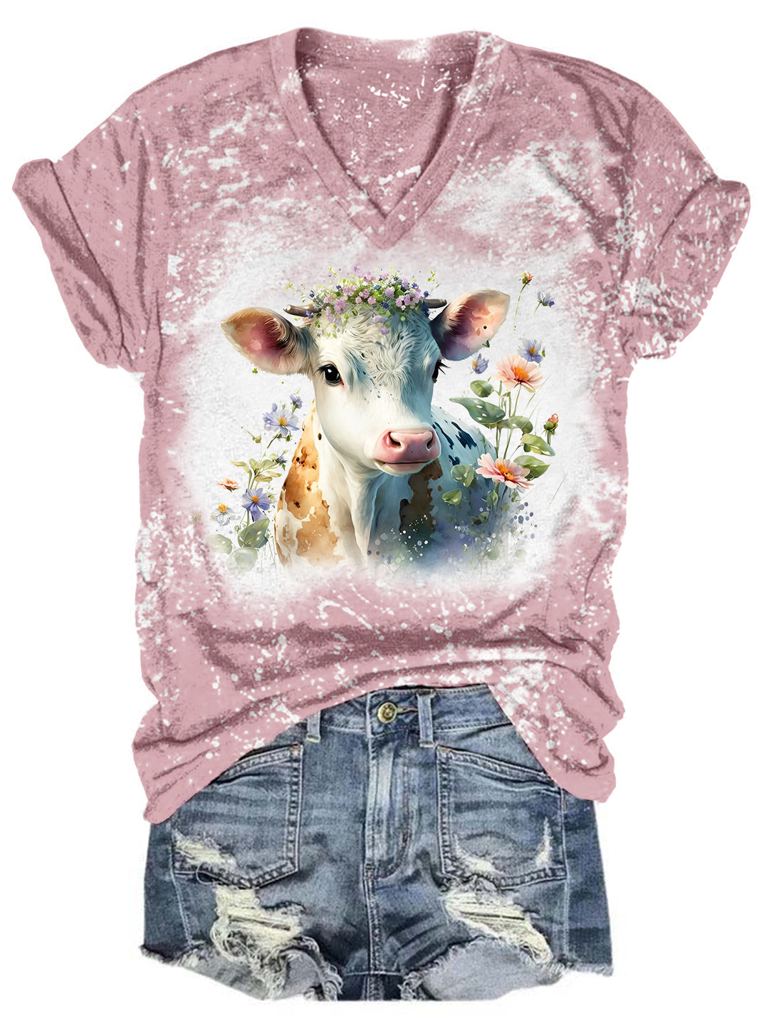 Floral Baby Cow Tie Dye V Neck T-shirt