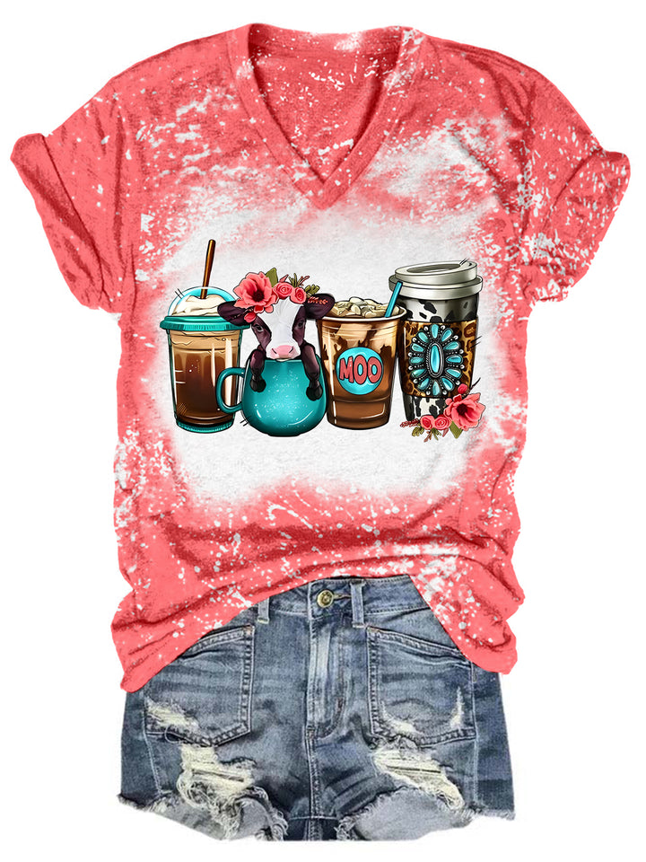 Floral Babe Cow Coffee Drink Tie Dye V Neck T-shirt