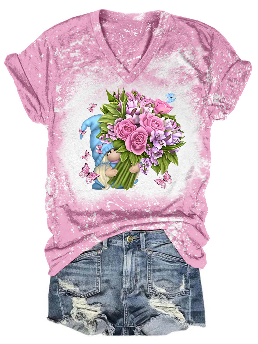 Wish You Happy Flower Butterfly Gnome Tie Dye V Neck T-shirt