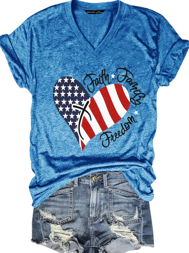 American Flag Print Faith Family Freedom Letter Casual Short Sleeve T-Shirt