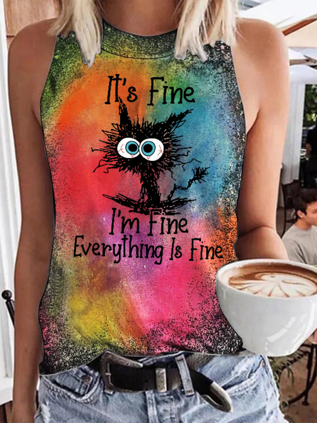 Women's Funny Cat Print Tie Dye Tank Top