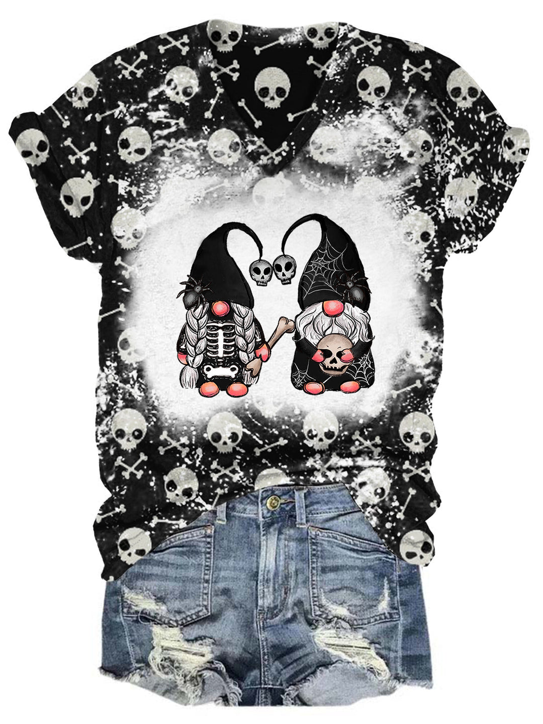 Women's Skull Gnome Print V-Neck T-Shirt