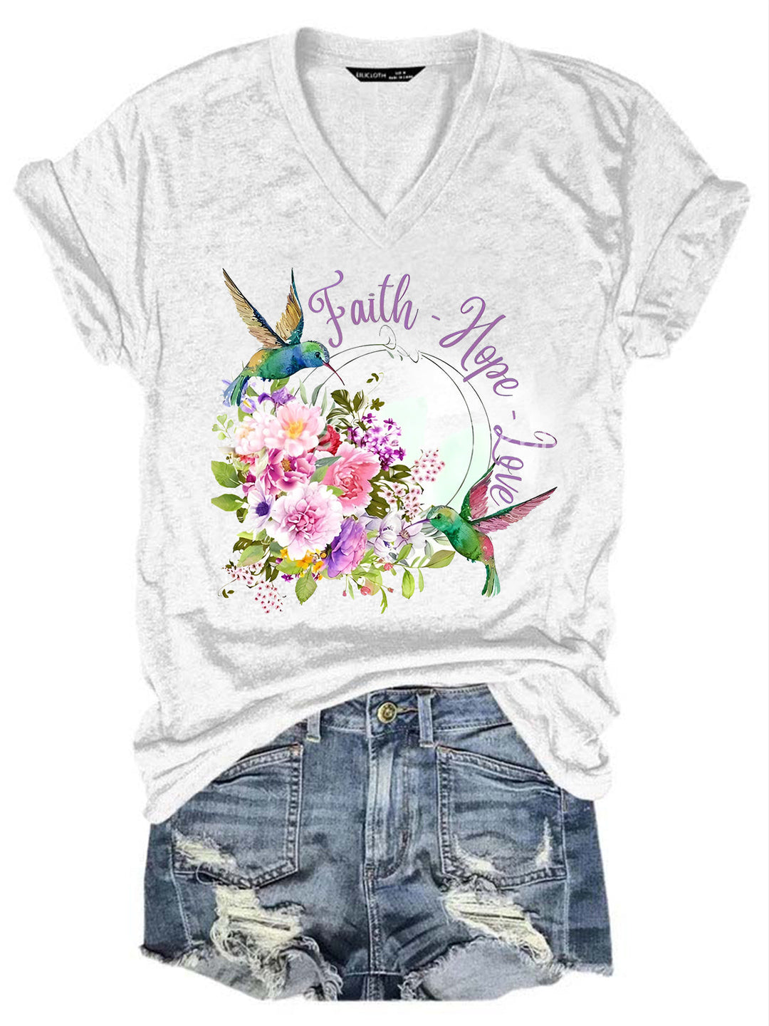 Faith Hope Love Hummingbird Flower V Neck T-Shirt