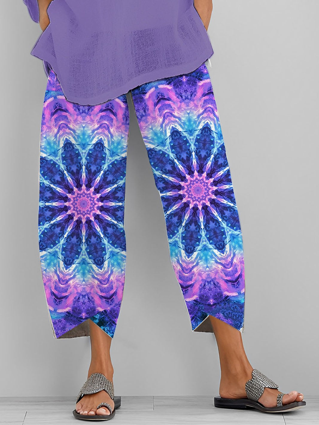 Mandala Printed Cropped Wide Leg Pants